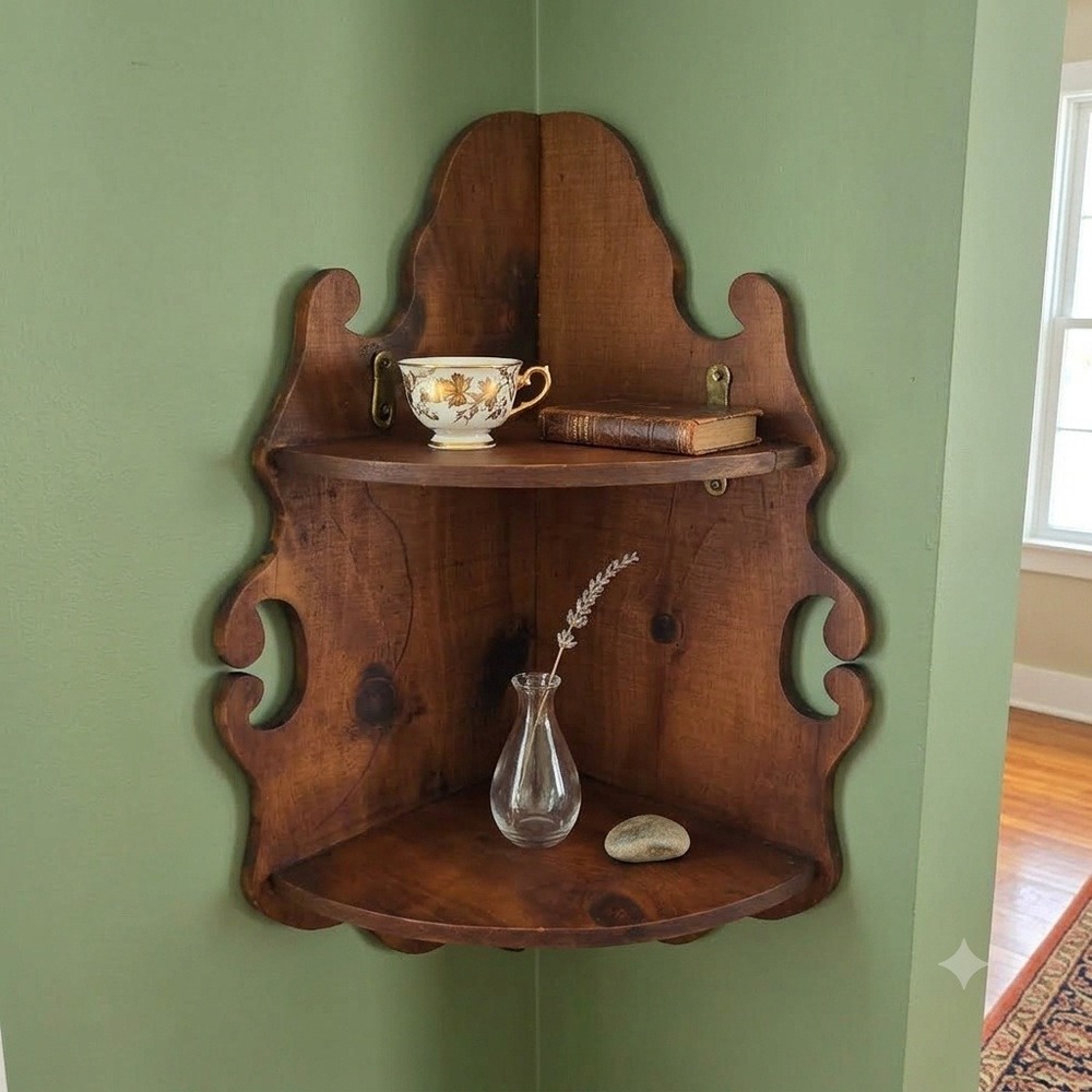 Vintage Rustic Wood Corner Wall Shelf 2 Tier Scalloped Scrollwork Brown 24 Inch